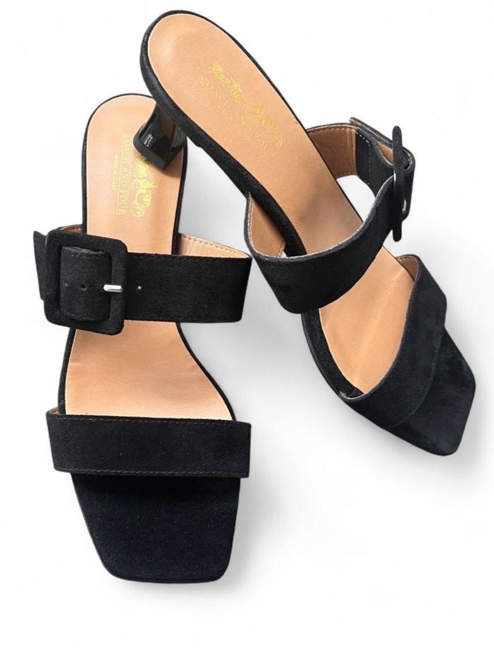 Coach Black Suede Buckle Strap Mules